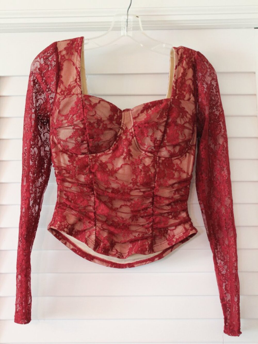 Womens Medium rue 21 Red lace long-sleeve top with sheer lace sleeves